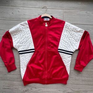 Mens White Red  Retro 90’s Colorblock Long‎ Sleeve Full Zip Bomber Jacket Size L